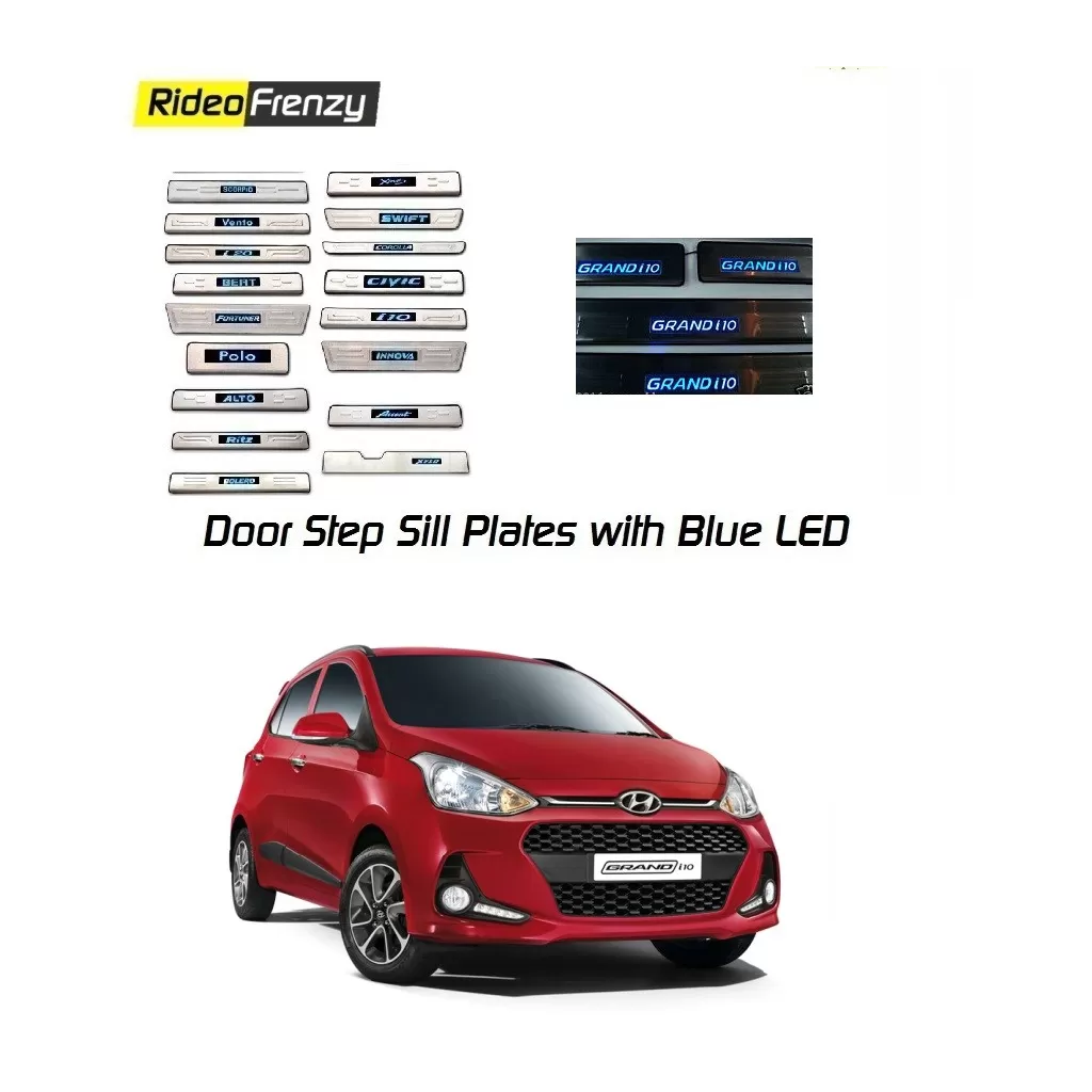 Buy Hyundai Grand i10 Stainless Steel Door Scuff Sill Plate with blue LED at low prices-RideoFrenzy