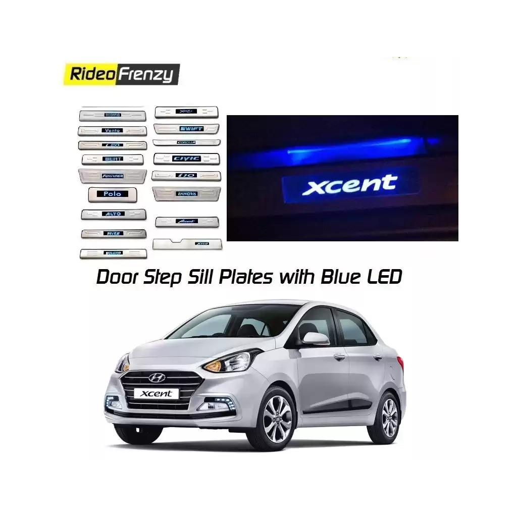 Buy Hyundai Xcent Stainless Steel Door Scuff Sill Plate with blue LED at low prices-RideoFrenzy