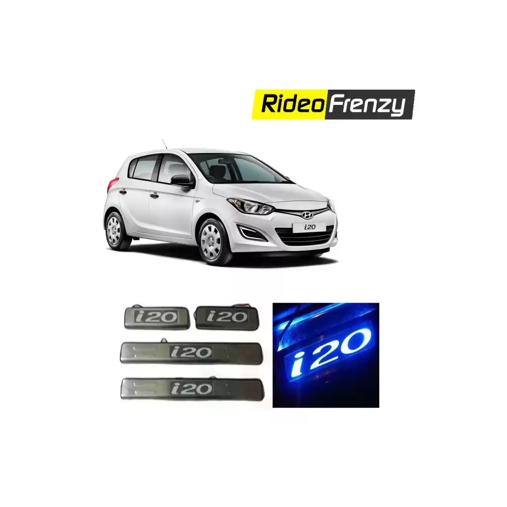 Buy Hyundai i20 Stainless Steel Door Scuff Sill Plate with blue LED at low prices-RideoFrenzy