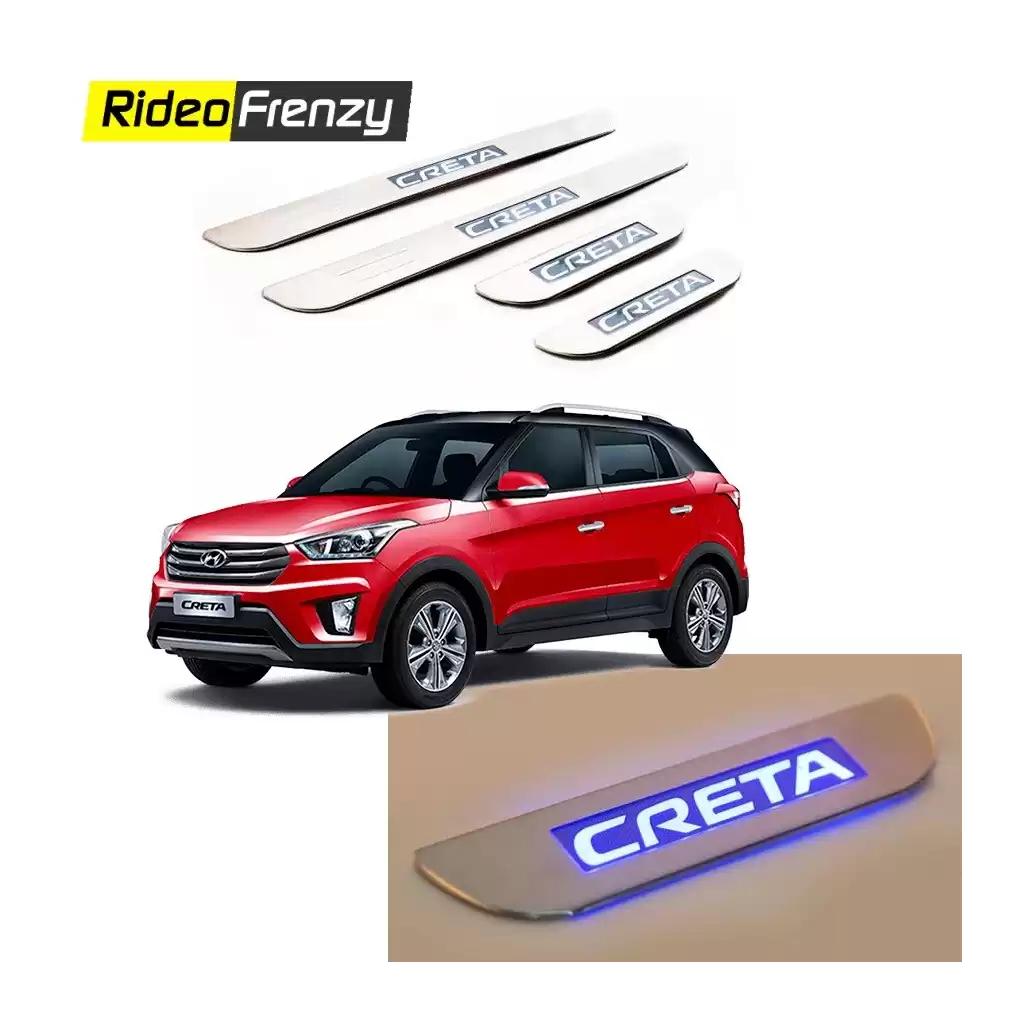 Buy Hyundai Creta Stainless Steel Door Scuff Sill Plate with blue LED at low prices-RideoFrenzy