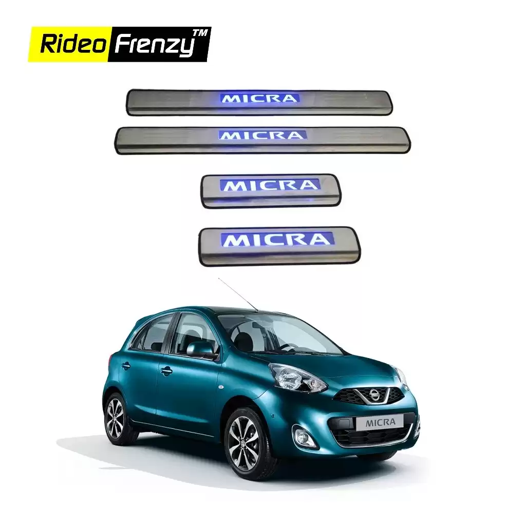 Buy Nissan Micra Stainless Steel Sill Plate with Blue LED online India | Rideofrenzy