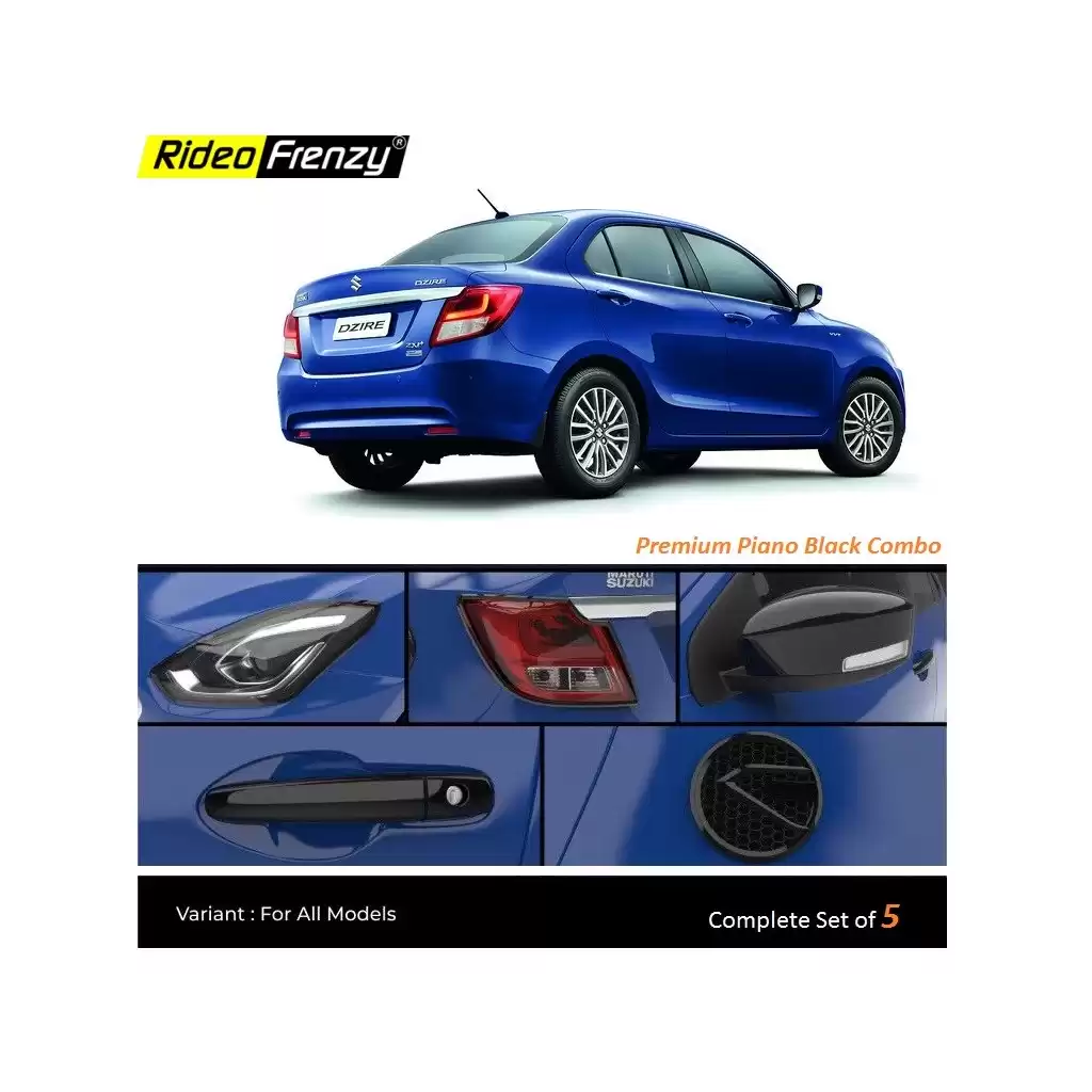Buy New Dzire 2017 onwards Piano Black Combo Garnish Set 5 | Premium Piano Finish