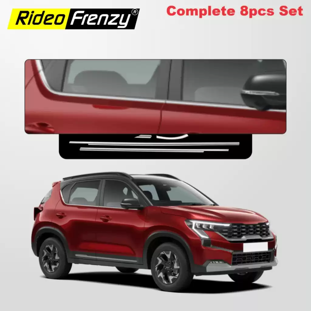 Buy New Kia Sonet Facelift Lower Window Garnish Online at RideoFrenzy | Stainless Steel | 8 Pcs Set