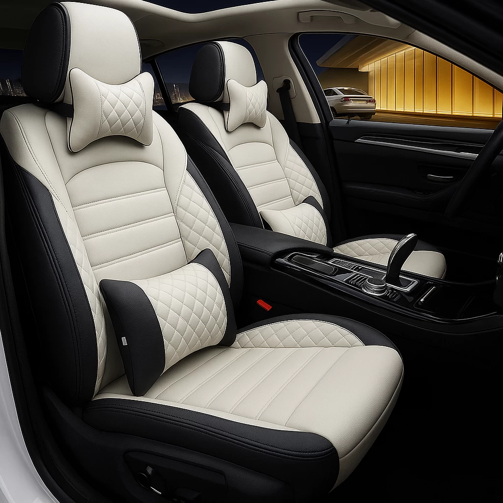 Buy RideoFrenzy Luxurious Streak Nappa Leather Off White & Black Seat Covers online India for All Cars