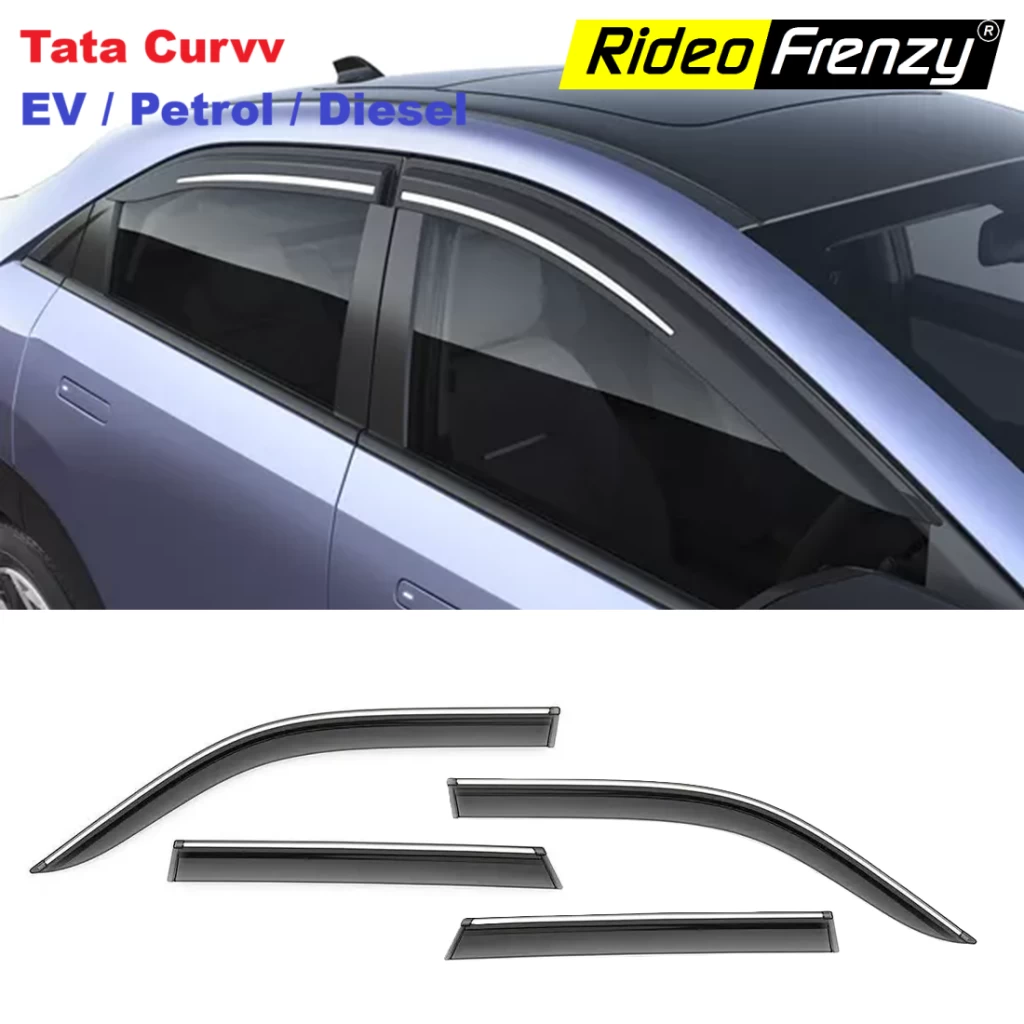Buy Tata Curvv Door Visors with Chrome Inserted online India | RideoFrenzy | Tata Curvv EV / Petrol / Diesel