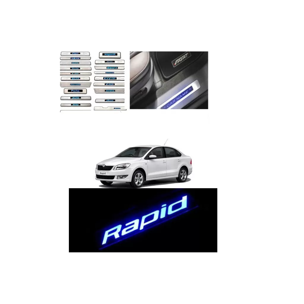 Buy Skoda Rapid Stainless Steel Sill Plate with Blue LED online at low prices-Rideofrenzy Buy Skoda Rapid Stainless Steel Sill Plate with Blue LED online at low prices-Rideofrenzy