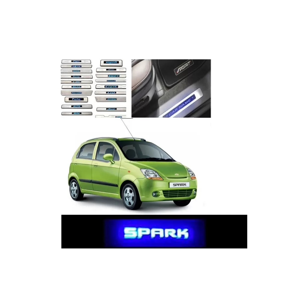 Buy Chevrolet Spark Stainless Steel Sill Plate with Blue LED online | Rideofrenzy